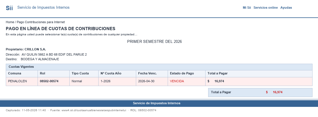 Pantallazo SII ROL 08502-00574