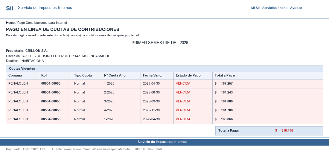 Pantallazo SII ROL 08504-00053