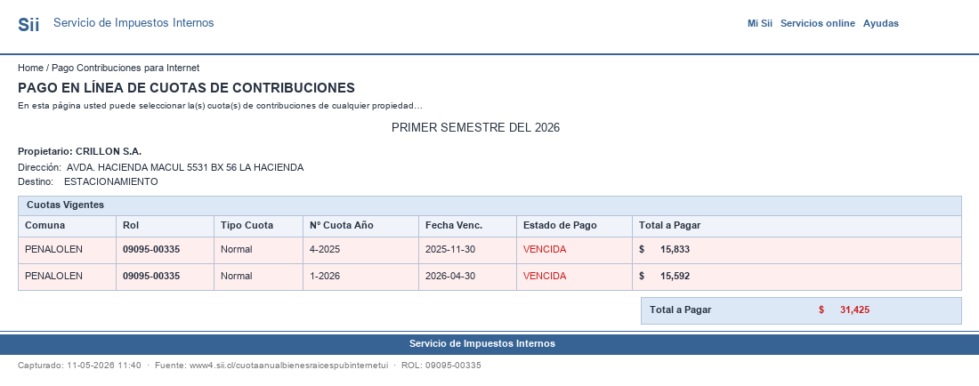 Pantallazo SII ROL 09095-00335