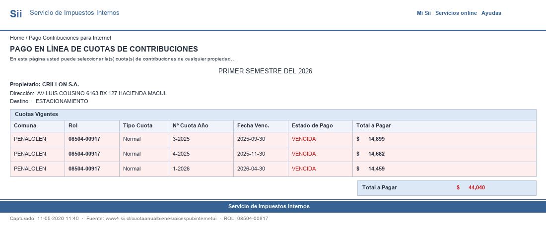 Pantallazo SII ROL 08504-00917