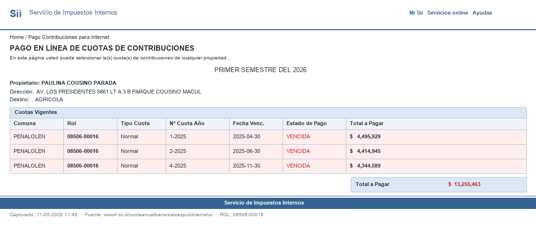 Pantallazo SII ROL 08506-00016