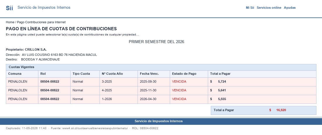 Pantallazo SII ROL 08504-00822