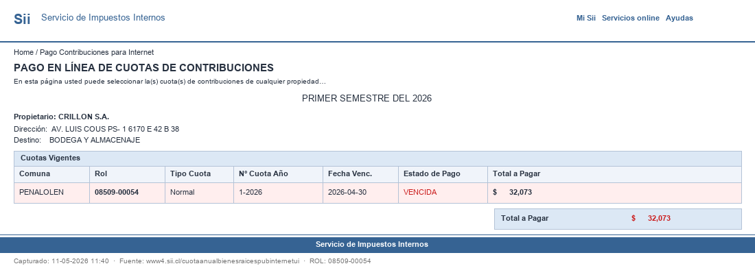 Pantallazo SII ROL 08509-00054
