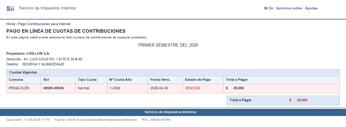 Pantallazo SII ROL 08509-00046
