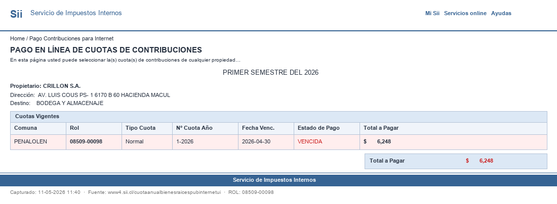 Pantallazo SII ROL 08509-00098