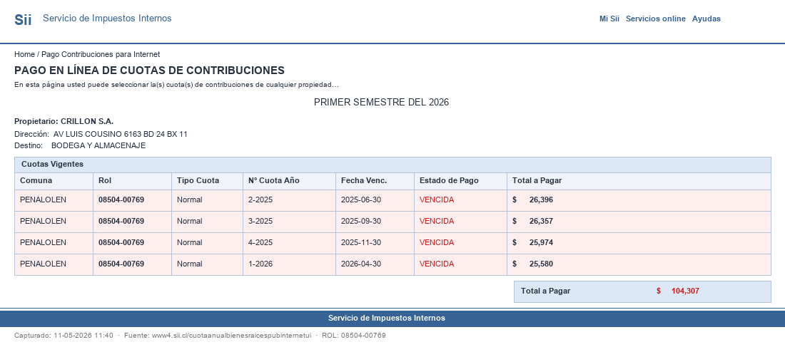 Pantallazo SII ROL 08504-00769
