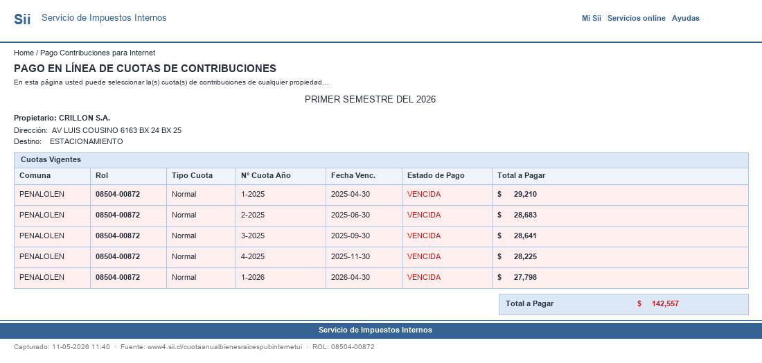 Pantallazo SII ROL 08504-00872