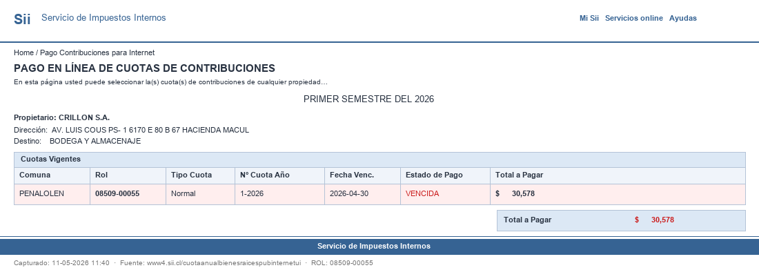 Pantallazo SII ROL 08509-00055